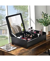 Sugift Compact Bay Window Makeup Dressing Table with Flip-Top Mirror-Black