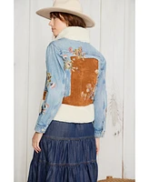 Driftwood Women's Faux-Shearling-Trim Embroidered Denim Jacket