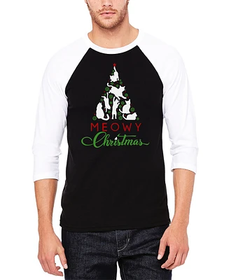 La Pop Art Men's Meowy Christmas Tree Raglan Baseball Word T-Shirt