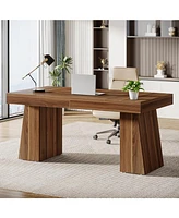Tribesigns 55 Inches Executive Desk, Mid-Century Modern Home Office Desk with Double Trapezoid Base, Wood Computer Business Workstation Smal