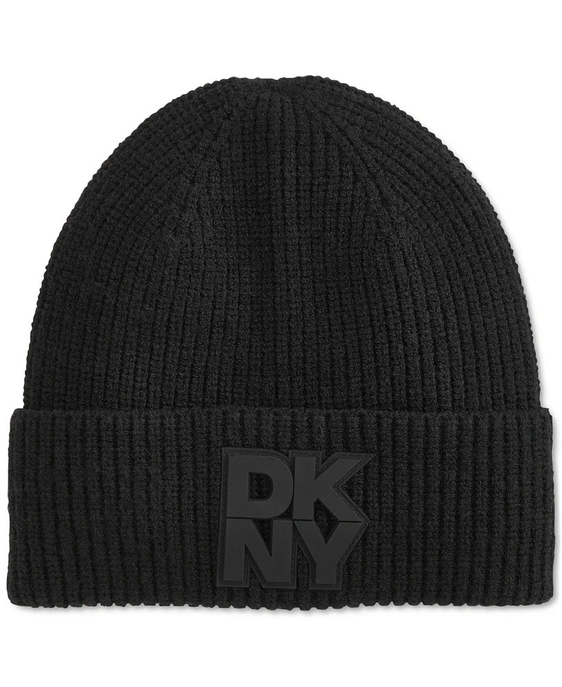 Dkny Women's Supersoft Ribbed Logo Patch Beanie