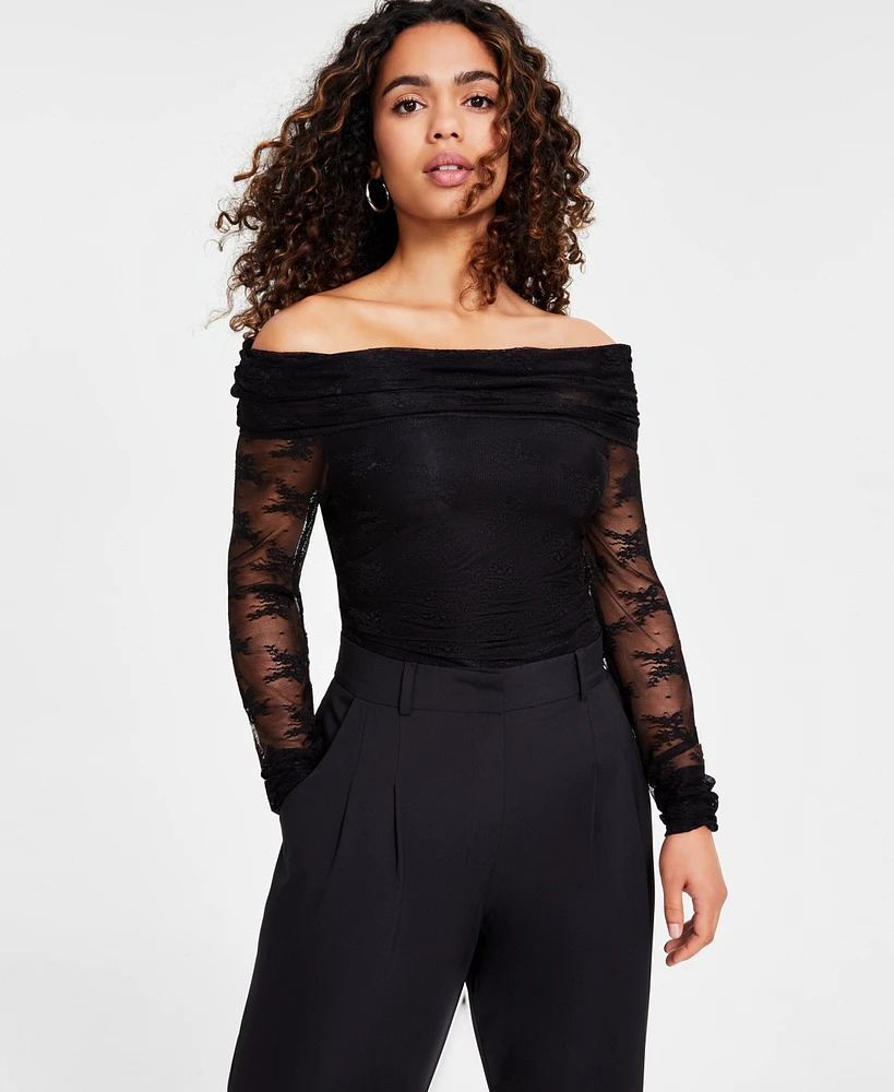 Bar Iii Petite Lace Off-The-Shoulder Long-Sleeve Top, Created for Macy's