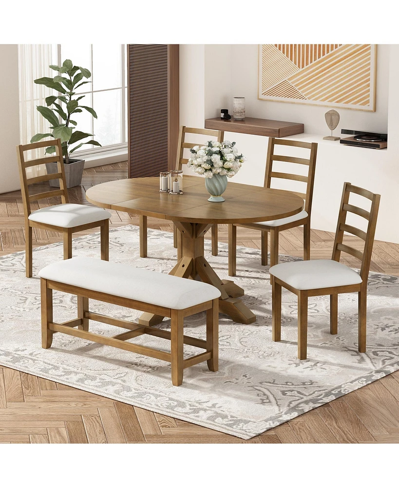 Streamdale Furniture Farmhouse 6-Piece Pedestal Dining Set with Removable Leaf and Bench