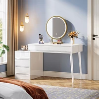 Tribesigns White Desk with 5 Drawers, Modern Home Office Desk with Storage Drawers and Printer Stand, Reversible Computer Desk Vanity Desk for Bedroom
