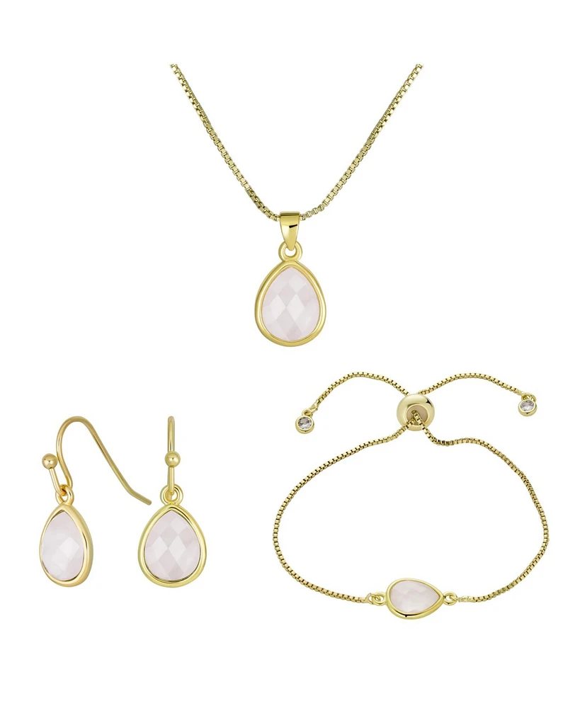 Bling Jewelry Delicate Dusty Pink Rose Natural Quartz Faceted Teardrop Pear Shaped Drop 3 Piece Jewelry Set Drop Earrings Bolo Bracelet Pendant Gold P