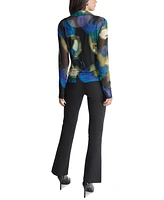 Dkny Petite Abstract-Print Button-Down Collared Mesh Shirt