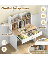 Costway Kids Wooden Study Desk Children Writing Table with Hutch & Drawer