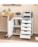 Skonyon 5-Drawer Dresser Chest Mobile Storage Cabinet with Door-White