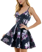 City Studios Juniors' Foil Floral Print Sleeveless Fit & Flare Dress