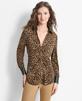 Dkny Women's Animal-Print Knot-Front Faux-Leather-Trimmed Collared Top