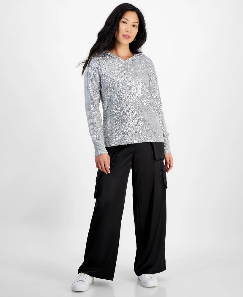 I.n.c. International Concepts Petite Sequined Ribbed Hooded Sweater, Created for Macy's