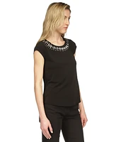 Michael Kors Rhinestone-Neckline Cap-Sleeve Top