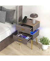 Sugift Nightstand Sofa Side Tables with Charging Station and 2 Drawers and Led lights-Gray