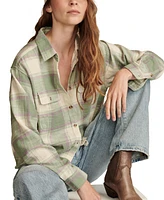 Lucky Brand Women's Cotton Raw Edge Plaid Cropped Button Down Top