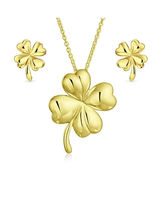 Bling Jewelry Flower Good Luck Four Leaf Clover Shamrock Shape Lucky Charm Pendant Stud Earrings Jewelry Set Necklace For Women Gold Plated Sterling S