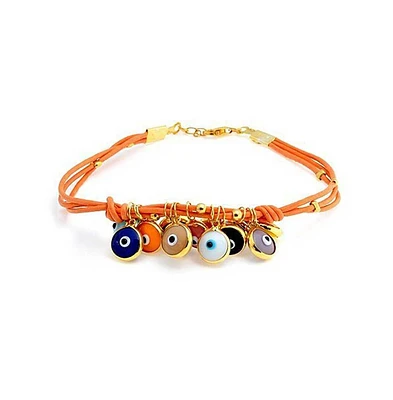 Bling Jewelry Boho Leather Orange Turkish Dangle Multi Color Evil Eye Charm Bracelet For Women Yellow Gold Plated Sterling Silver Adjustable