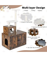 Costway 2-in-1 Wooden Litter Box Enclosure with Cat Tree Hidden Washroom Furniture