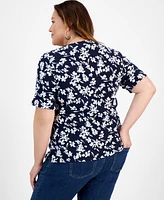 Style & Co Plus Size Printed Boat-Neck Elbow-Sleeve Top