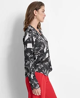 Dkny Women's Printed Button-Front Long-Sleeve Satin Blouse