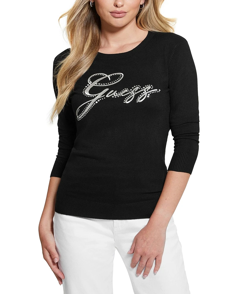 Guess Women's Olive Embellished Logo Long-Sleeve Sweater