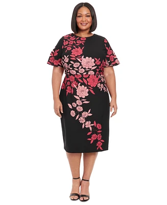 London Times Plus Printed Short-Sleeve Midi Dress