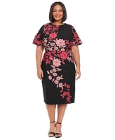 London Times Plus Printed Short-Sleeve Midi Dress