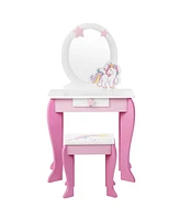 Costway Kids Vanity Makeup Dressing Table Chair Set Wooden