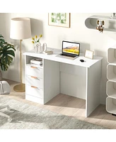 Skonyon Home Office Desk with Power Outlet 3 Storage Drawers and Open Compartment-White