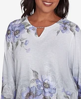 Alfred Dunner Petite Worth Avenue Beaded Split Neck Floral Shimmer Top