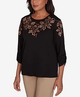 Alfred Dunner Petite Rue Rivoli Leaf Embroidered Sweater Top with Ruched Sleeves