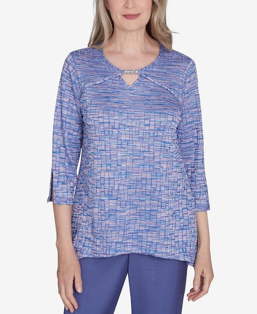 Alfred Dunner Petite Worth Avenue Space Dye Top with Detailed Charm On Neckline