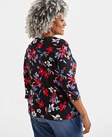 Style & Co Plus Printed Cotton Boat-Neck 3/4-Sleeve Top