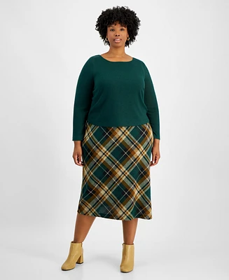 Connected Plus Sweater-Top Plaid-Skirt Dress