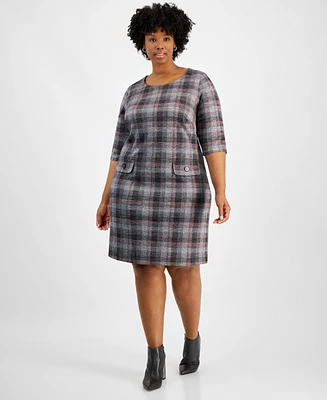 Connected Plus Size 3/4-Sleeve Plaid Sheath Dress