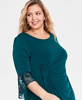 Connected Plus Size Lace-Cuff 3/4-Sleeve Chiffon Dress