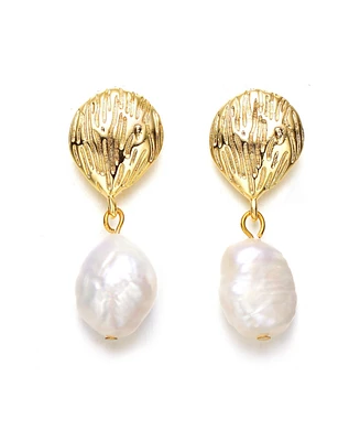 Genevive 14k Yellow Gold Plated with Baroque Oval Genuine Freshwater White Pearl Coral Reef Dangle Earrings in Sterling Silver