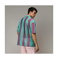 Campus Sutra Men's Mint Green & Plum Purple Balanced Striped Oversized Shirt