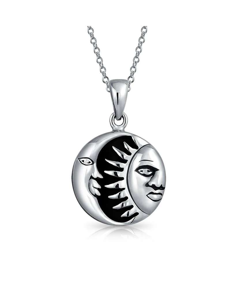 Bling Jewelry Celestial Black Enamel Round Circle Medallion Crescent Moon And Sun Pendant Necklace For Women Sterling Silver