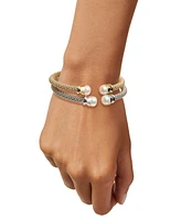 2-Pc. Set Cultured Freshwater Pearl (8 - 8-1/2mm) Mesh Cuff Bangle Bracelets in Sterling Silver & 14k Gold