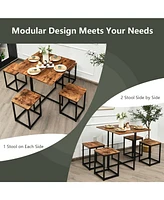 Sugift 5 Pieces Metal Frame Dining Set with Compact Table and 4 Stools -Walnut