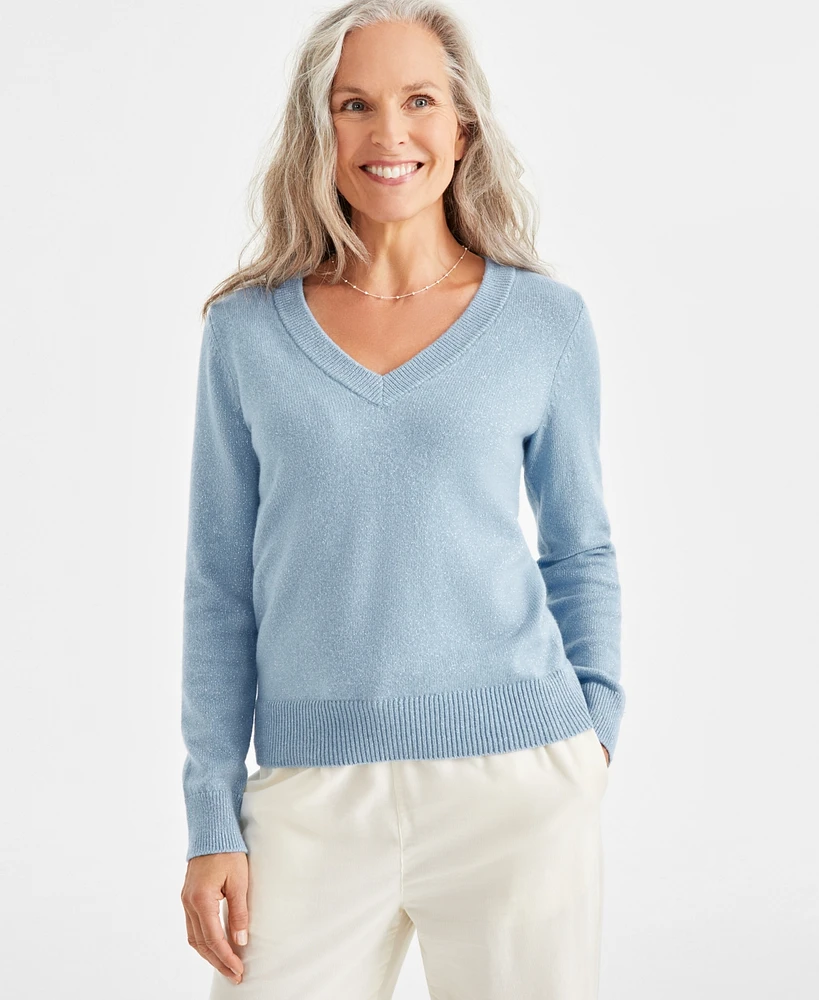 Style & Co Petite Whimsy Shine Pullover V-Neck Sweater, Created for Macy's