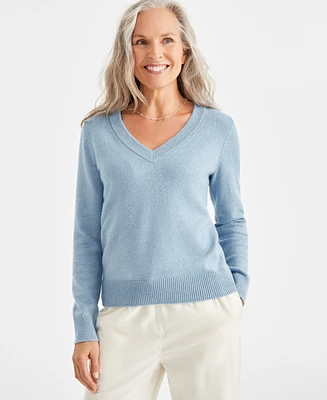 Style & Co Petite Whimsy Shine Pullover V-Neck Sweater, Created for Macy's