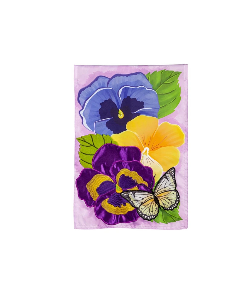 Evergreen Pansy & Butterfly Applique Garden Flag