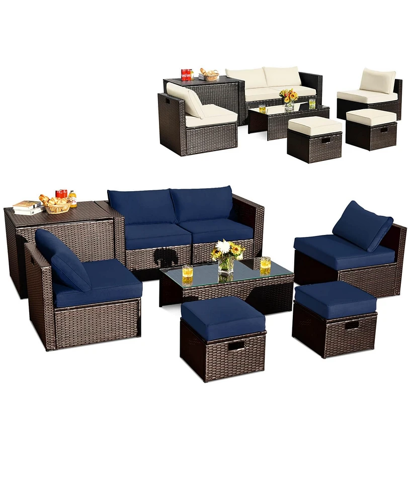 Costway 8 Pcs Outdoor Wicker Furniture Set with Storage Box Tempered Glass Table 2 Ottomans