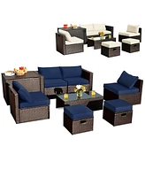 Costway 8 Pcs Outdoor Wicker Furniture Set with Storage Box Tempered Glass Table 2 Ottomans