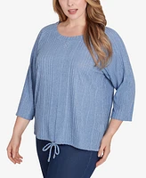 Hearts Of Palm Plus Lets Rendez-Blue Solid 3/4 Sleeve Top