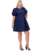 Vince Camuto Plus Puff-Sleeve Jacquard Fit & Flare Dress