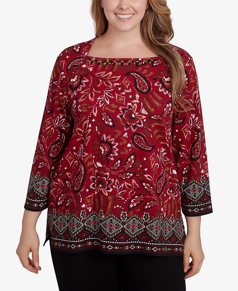 Ruby Rd. Plus Size Embellished Envelope Neck Paisley Border Printed Knit Top