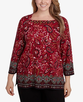 Ruby Rd. Plus Embellished Envelope Neck Paisley Border Printed Knit Top