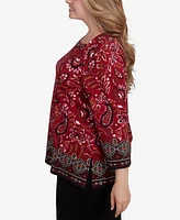 Ruby Rd. Plus Size Embellished Envelope Neck Paisley Border Printed Knit Top